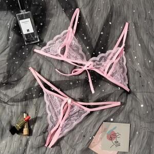 XS/S pink lace  Lingerie Underwear Set Open Cup Sheer Bra crotchless sexy thong